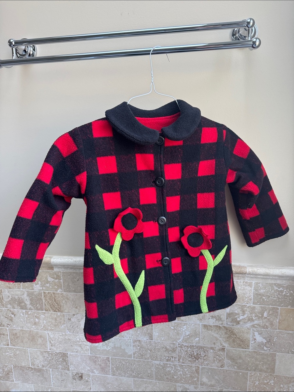 Red & Black Buffalo Plaid Floral Girls Coat